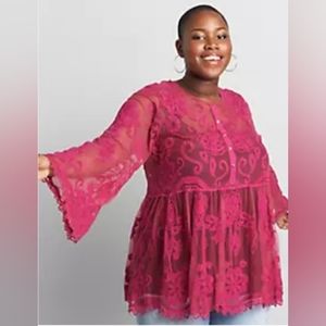 Lane Bryant Embroidered Mesh Babydoll Top 18/20 Festival Fushsia